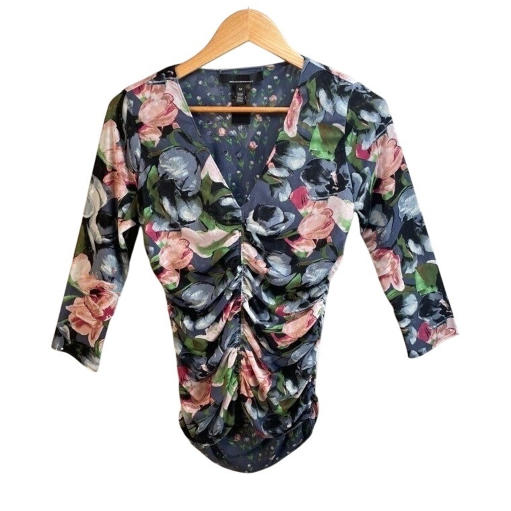 White House Black Market Floral Mesh Ruched Top XS Cottage Romantic Whimsigoth